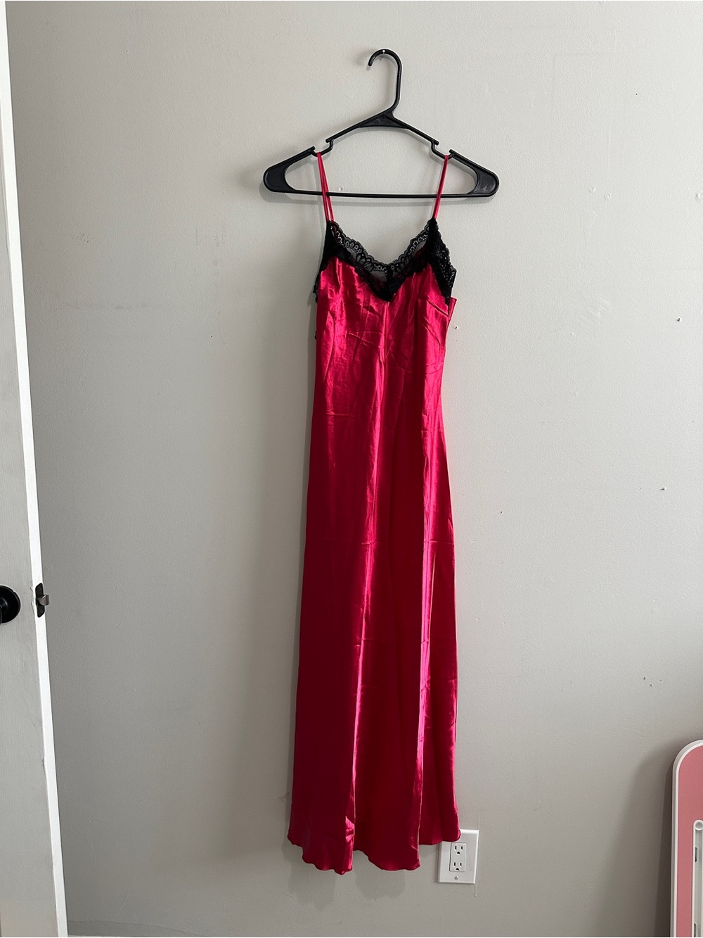 Red Satin Slip Nightgown with Black Lace Trim